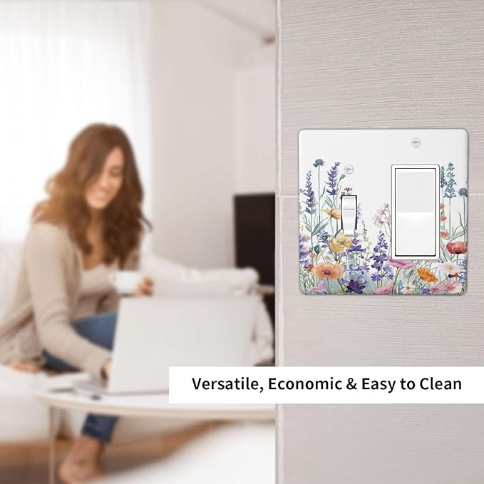 Colorful Floral Purple Lavender Flower Leaves Plants Outlet Covers 1 Toggle 1 Rocker Combination Decorative Wall Plate Electrical Switch Plates Light Switch Cover Plate for Bed Room Living Room Decor