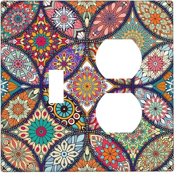 Boho Floral Pretty Colorful Mandala Flowers Wallplates 1 Toggle 1 Duplex Switch Plate Electrical GFCI Faceplate Decorative Light Switch Covers for Bedroom Living Room Decor