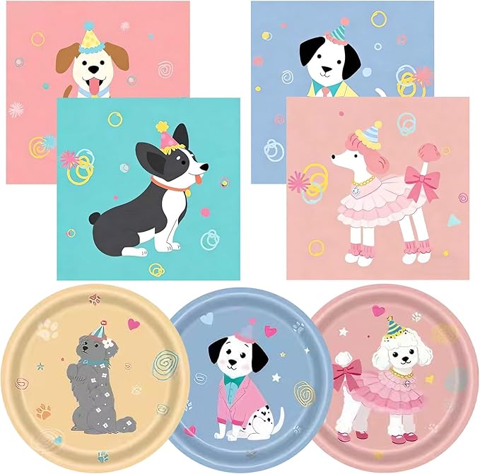 48Pcs Dog Birthday Party Supplies Set - Cute Puppy Themed Paper Plates & Napkins, Serves 24 Guests, Disposable Pet Party Tableware for Kids Birthday Baby Shower Table Decor