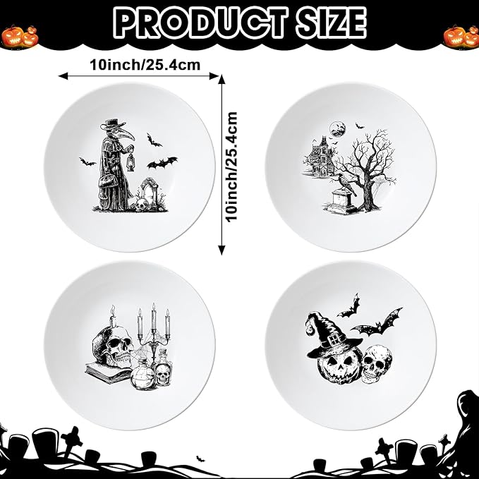 4 Set 10 Inch Halloween Gothic Plates Melamine Halloween Dinnerware Set Reusable Skull Candle Bat Tombstone Crow Melamine Plate Dishwasher for Toddlers Creatively Drop Resistant Cute Plastic Dish