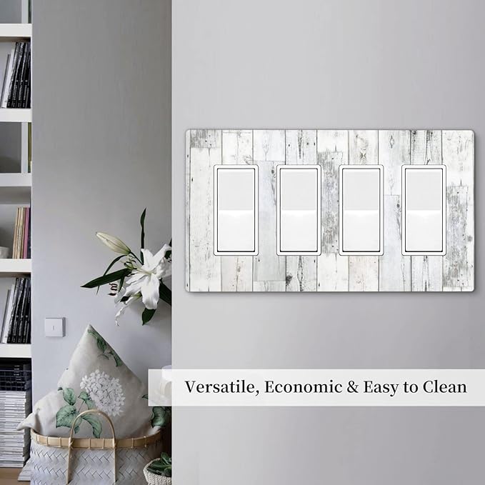 Grey White Wood 4 Gang Quad Rocker/Decor Light Switch Cover Plate Decorative Electrical Faceplate for Bathroom Room Decorate Jumbo Size Screwless 8.3" x 4.6