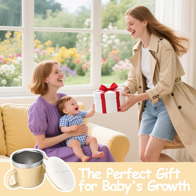 Mity Rain 2-Pack Stainless Steel Snack Containers, 4-in-1 Spill Proof Snack Cups with Silicone Lid and Handle, Dishwasher Safe Travel Snack Containers for Kids and Infants (Red + Ivory Yellow)