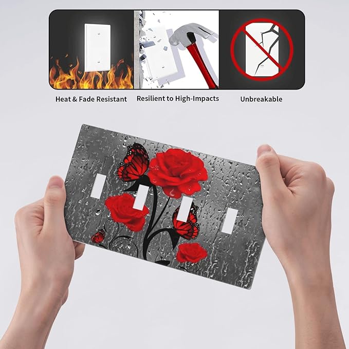 Butterfly Red Rose Flower 4 Gang Light Switch Cover Decorative Quad Toggle Wall Plate Electrical Faceplate For Girls Bathroom Bedroom Home Decorative 8" x 4.5