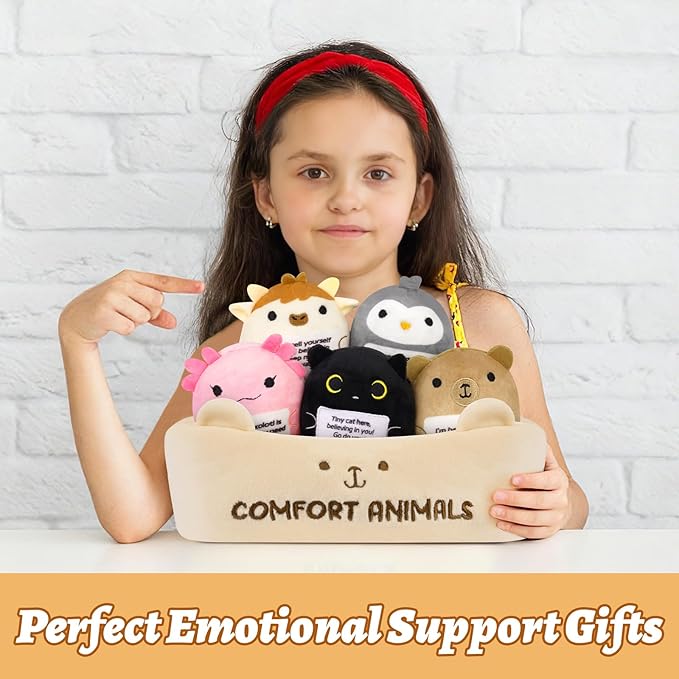 Emotional Support Plush Animal Set,6 Pcs Cute Animals Plush Toys and Fun Stuffed Animals with Positive Words,Soft Emotional Support Plushies with Basket,Positive Gifts for Kids,Men,Women