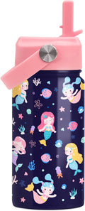 Mermaid Water Bottle for Girls - Kids Water Bottle with Straw Lid - 12 Oz Insulated Stainless Steel Water Bottles for Kid Girl- Travel Cup for School Sports