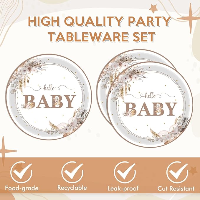 40 PCS Boho Baby Shower Decorations Bohemian Theme Disposable Tableware Set Gender Neutral Baby Shower Decorations Baby Paper Plates Napkins for Girl Boy