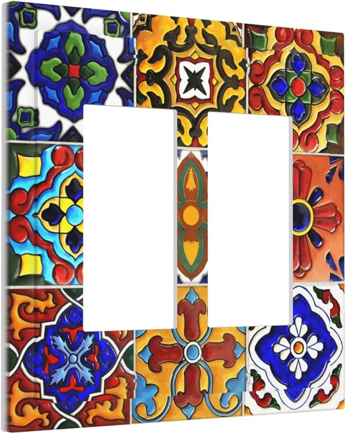 Vintage Colorful Boho Mexican Moroccan Tile Decorative Outlet Covers 2 Gang Double GFCI Rocker Electrical Wall Panels Light Switch Cover Plate for Farmhouse Home Decor