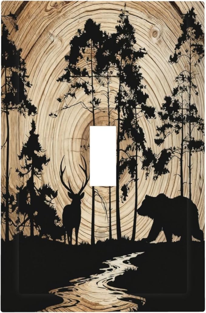 Rustic Forest Antler Black Bear Deer Silhouettes Decorative Light Switch Cover 1 Gang Single Toggle Device Electrical Faceplate Switchplates Decorator Outlet Wall Plate for Farmhouse Home Decor