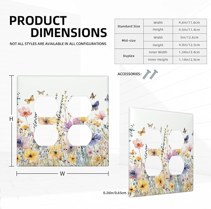 Wildflowers Colorful Flower Butterfly Floral Outlet Covers 2 Gang Double Duplex Decorative Light Switch Covers Electrical Wallplates Socket Faceplate for Farmhouse Bedroom Decor