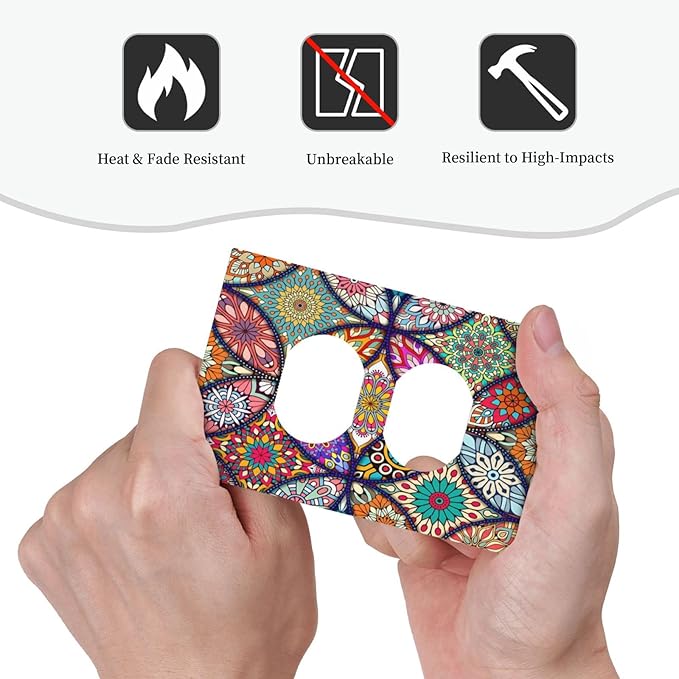 Bohemian Duplex Decorative Outlet Covers Electrical Receptacle 1 Gang Outlet Plate colorful Vintage Floral Mandala Flower Lightswitch Faceplate 5" X 3"