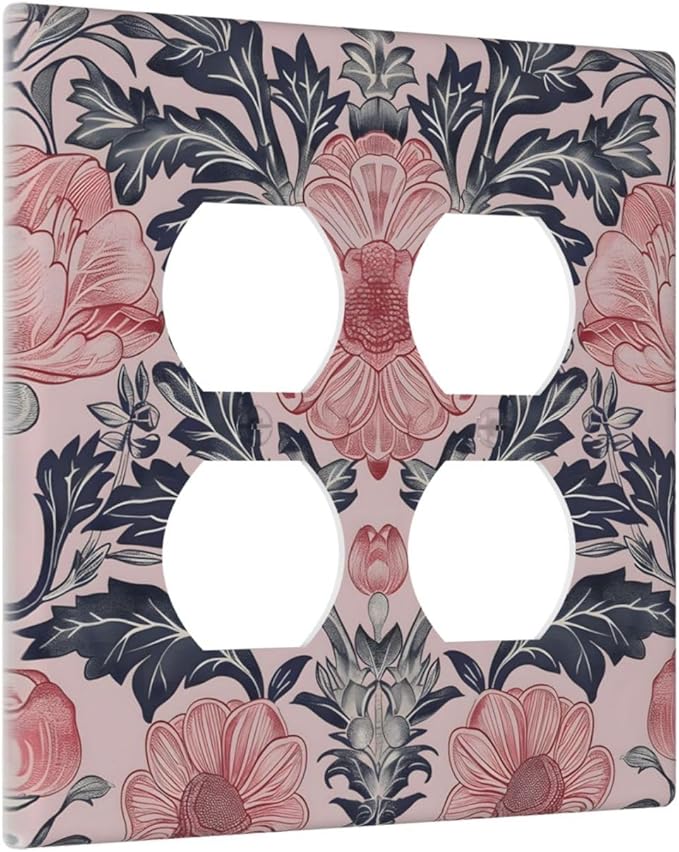 Pink Floral Vintage Botanical Boho Flower Outlet Covers 2 Gang Double Duplex Decorative Light Switch Covers Electrical Wallplates Socket Faceplate for Farmhouse Home Decor