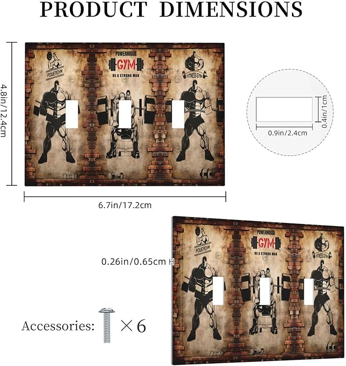 Vintage Gym Retro Brick Dumbbell Triple Toggle Wall Plates 3 Gang Light Switch Cover Decorative Electrical Switchplate Faceplate Dimmer for Bedroom Kidroom Bathroom Gyms Decor