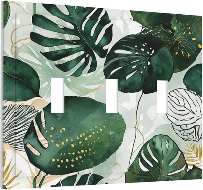 Decorative Switch Plates Boho Tropical Leaves 3 Gang Wall Plate Triple Toggle Light Switch Cover Faceplate Electrical Wall Panels for Bedroom Bathroom Decor