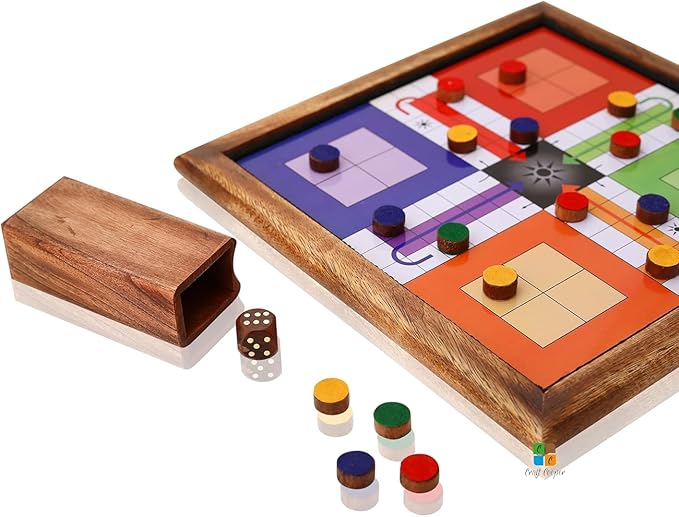 10 Inch Wooden 2-in-1 Ludo & Snakes Board Game, Reversible Travel Set with Storage Bag & Organizer Box (All-in-One Storage)