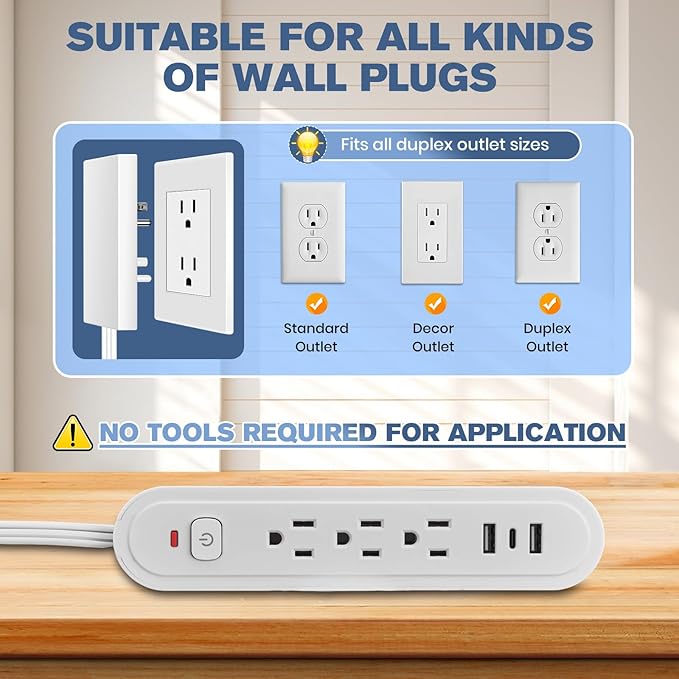 Sakerplus Outlet Concealer Power Strip-Outlet Cover Extender Outlets-8ft Flat Plug Extension Cord,Universal Size,1625W for Kitchen, Home and Office (8ft (Multi Ports,3 AC,2 USB&Type-C))