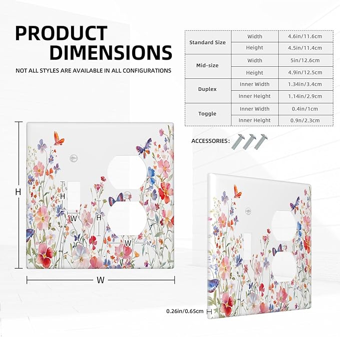 Colorful Flower Watercolor Floral Butterfly Bird Wallplates 1 Toggle 1 Duplex Switch Plate Electrical GFCI Faceplate Decorative Light Switch Covers for Bedroom Living Room Decor