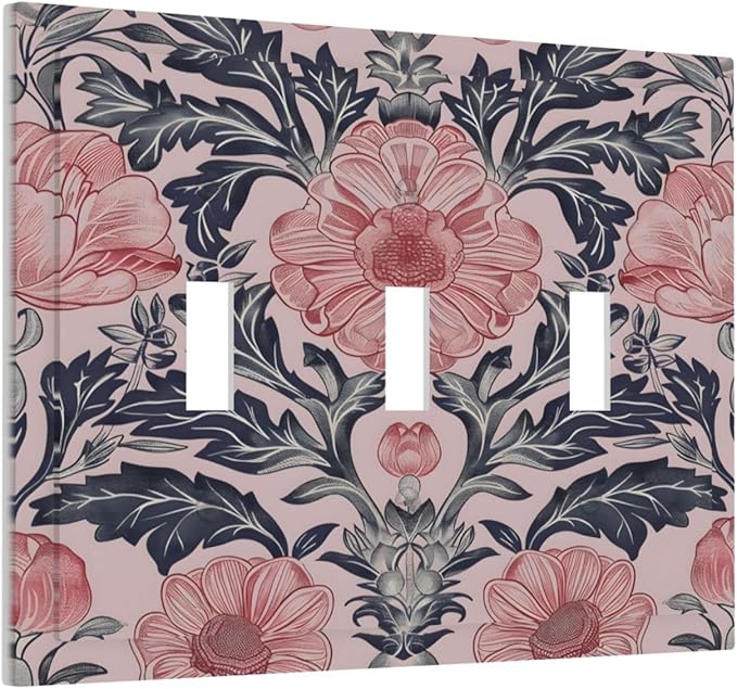 Pink Floral Vintage Botanical Boho Flower Decorative Switch Plates 3 Gang Wall Plate Triple Toggle Light Switch Cover Faceplate Electrical Wall Panels for Farmhouse Home Decor