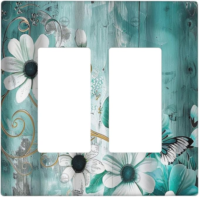 Decorative Outlet Covers Turquoise Flowers and Butterflies Rustic Teal White Floral 2 Gang Wall Plate Double Rocker Decora Light Switch Cover Plate Dual Electrical GFCI Switch Plate Cover