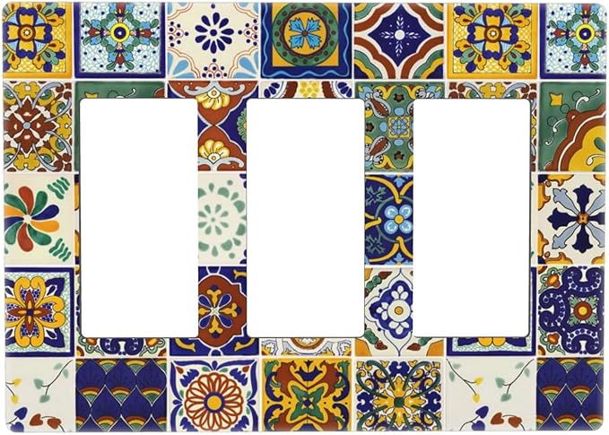 Yellow/Blue Mexican Tile Decorative Rocker GFCI Light Switch Cover 3-Gang Electrical Triple Decorator Wall Plate Kitchen Boho Mandala Floral Moroccan Tiles Switches Faceplate Cover Dimmer Screwless
