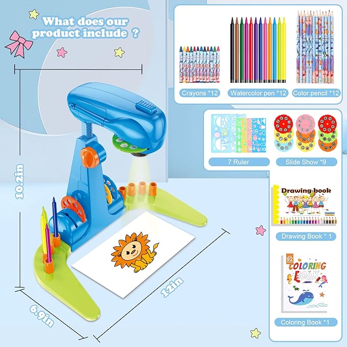 Sumsoltic Drawing Projector for Kids, Art and Craft Kit, Including Colored Pencils, Crayons, Coloring Books, Toys for 3+ Year Old Boys (Blue Drawing Kit v1)