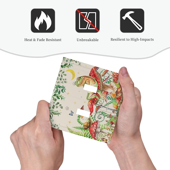 Decorative Switch Plates Boho Mushrooms Frogs Butterflies Flowers Moon Stars 2 Gang Double Toggle Wall Plate Outlet Light Switch Cover Electrical Faceplate for Kids room Bedroom Decor