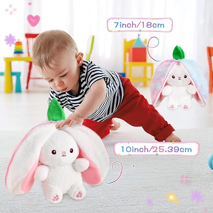 MIAODAM Rainbow Strawberry Bunny Stuffed Animal, Strawberry Bunny Plush Turn Into Rabbit Fruit Doll Pillow, Plushie Cute Bunny Toy for Kids (10 inch)