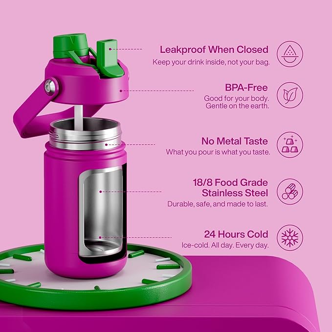 ENCOOL Kids Insulated Water Bottle with Straw - 12oz Stainless Steel Water Bottle with Dual Spouts, Leak-Proof, BPA-Free, Double Wall Vacuum Keeps Cold for 24 Hours for Sports, Travel (Knockout Pink)