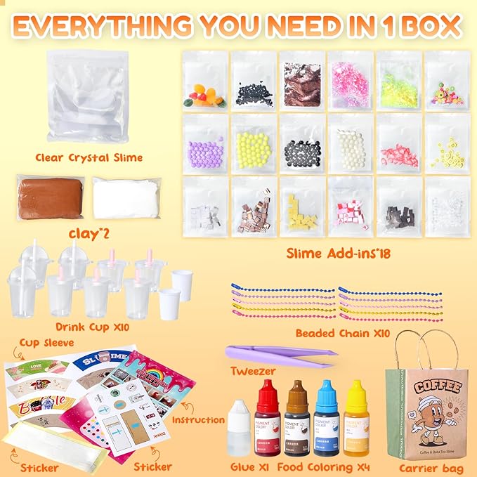 Miniature Cafe & Boba Tea Slime Kit for Kids, 53PCS Mini Dessert Cup Slime Making Kit, Kitchen DIY Pretend Play Food Toys, Party Goodie Bag Stuffers for Girls Ages 4 5 6 7 8 9 10