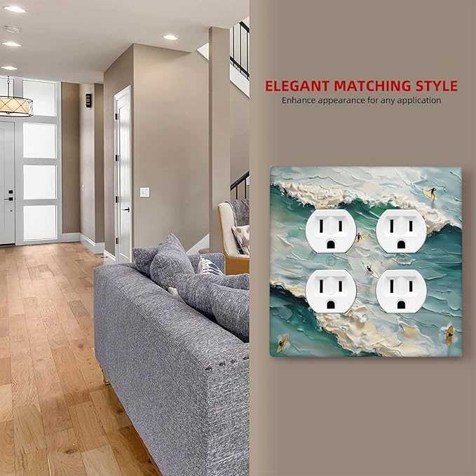 Beach Waves Ocean Surfing Hoverboard Painting Print Outlet Covers 2 Gang Double Duplex Decorative Light Switch Covers Electrical Wallplates Socket Faceplate for Bedroom Living Room Decor