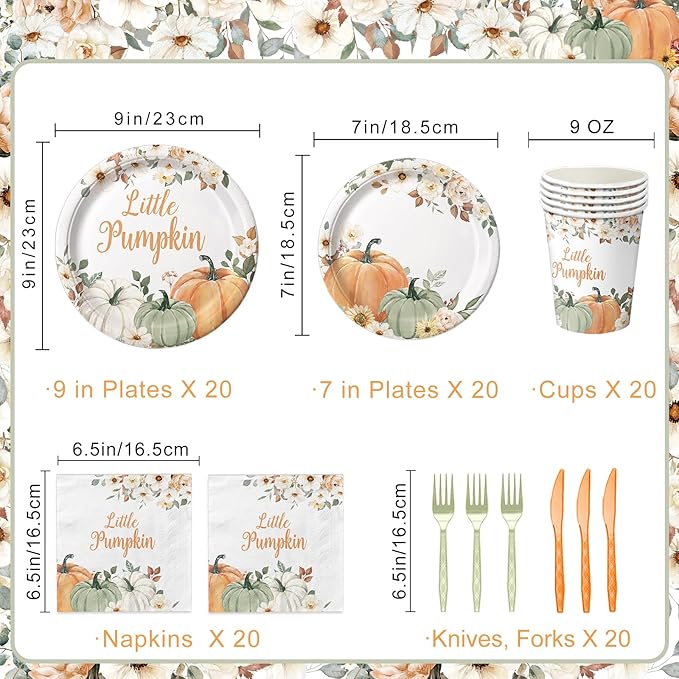 120 Pcs Little Pumpkin Baby Shower Party Decoration – Autumn Pumpkin & Floral Tableware Set with Plates, Napkins, Cups, Cutlery for Thanksgiving & Fall Baby Shower Decorations, Serves 20