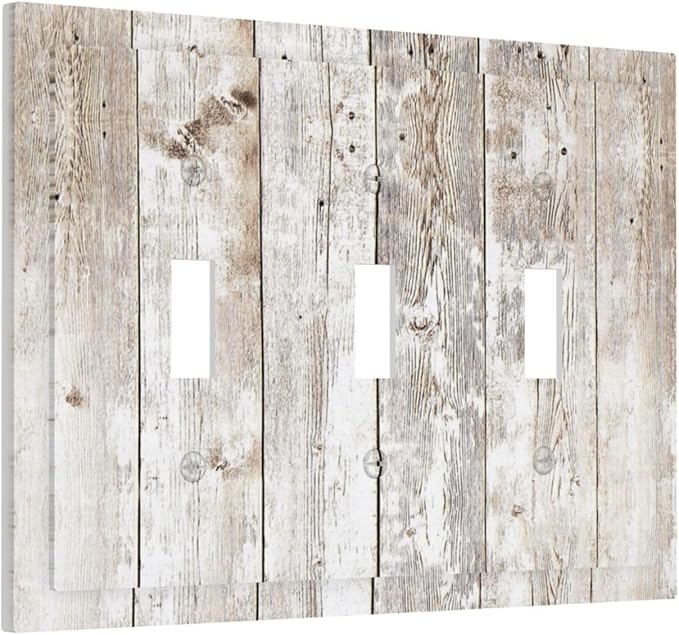 Vintage Light Wood Retro Rustic White Gray Oak Print Decorative Switch Plates 3 Gang Wall Plate Triple Toggle Light Switch Cover Faceplate Electrical Wall Panels for Farmhouse Home Decor