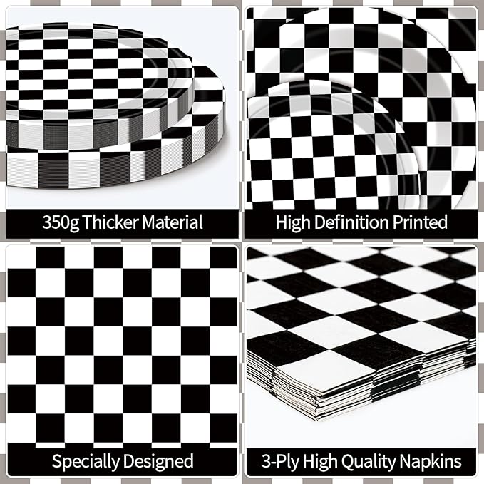 40 Pcs Race Car Plates and and Napkins - Black and White Checkered Birthday Decorations Tableware, Racing Cars Dinner Dessert Paper Plates Checkered Flag Napkins Set for Race Car Sport Party Supplies