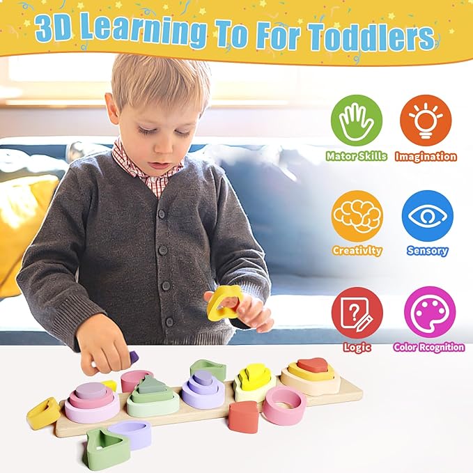 Symdiro Montessori Toys for 1 2 3 Year Old Boys Girls - Wooden Sorting & Stacking Toys for Kids - Toddler Toys Age 1-3 - Shape Sorter and Color Stacker Preschool Kids Gifts