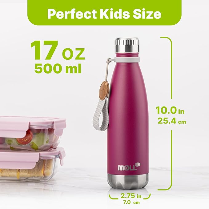 Insulated Water Bottle-17 oz Stainless Steel Double Wall Vacuum Water Bottle for School-Cola Shape Leak Proof Sport Water Bottle with Carry Rope (Fuchsia Red)