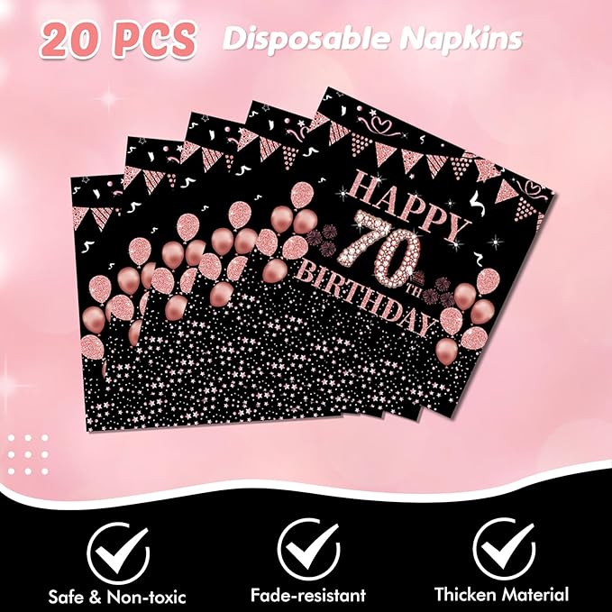 41Pcs Rose Gold 70th Birthday Decorations for Women,Vintage 1956 Aged 70th Birthday Tableware Decorations Includes Happy 70th Birthday Plates,Napkins and Tablecloth for 70 Years Old Birthday Supplies