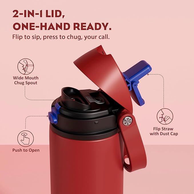 POWCAN 24 oz Steel Water Bottle: 2-in-1 Push-Button Spout & Flip Straw, Leakproof, Cold 24 Hrs, Fits Car Cup Holder, Insulated Water Bottle for Travel, Gym, School, Sports Gift (Midnight Web)