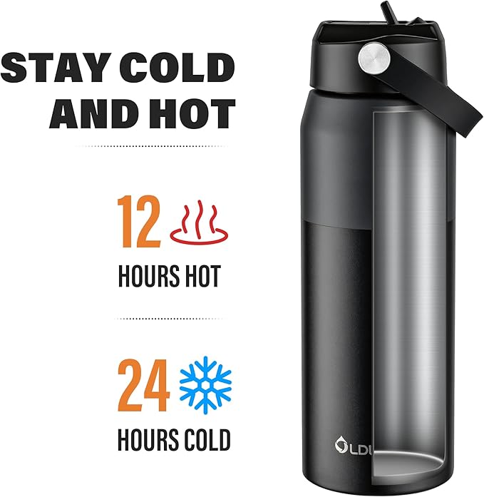 Oldley 24oz Insulated Water Bottle with Straw, Stainless Steel Water Bottle for Sports, Travel, School, BPA-Free Sports Bottles for Adult Kids, Leak-Proof, Gray & Black Layering