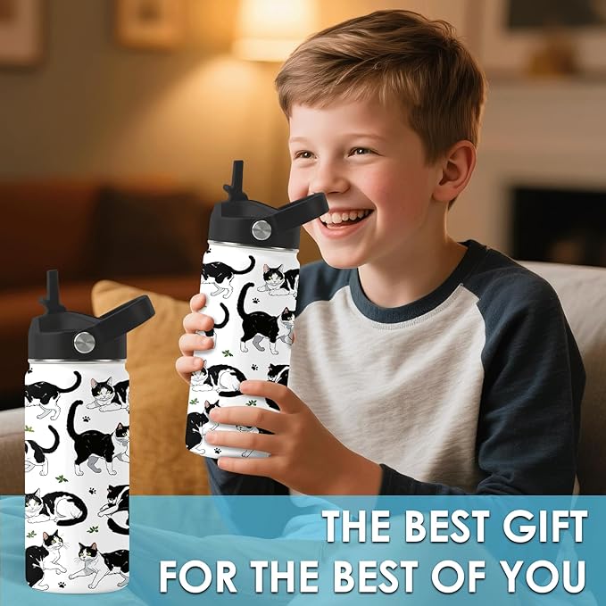Cat Gifts for Kids - 16oz Black Cat Water Bottle with Straw Lid, Stainless Steel Insulated Bottle, Leak Proof, BPA-Free, for Boys, Girls, School - Black and White Cat Gifts Cats Lovers Gift Cup(1pc)
