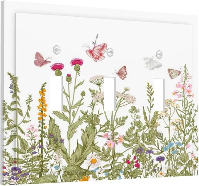 Colorful Butterfly Floral Plants Flower Vine Decorative Switch Plates 3 Gang Wall Plate Triple Toggle Light Switch Cover Faceplate Electrical Wall Panels for Bed Room Living Room Decor