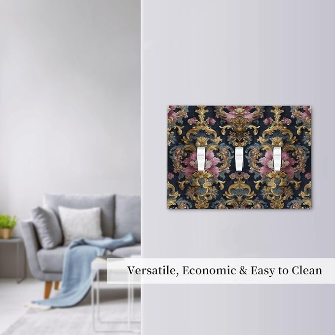 Decorative Light Switch Cover Plate Rococo Pink Floral Flower Gold Leaf 3 Gang Wall Plates for Electrical Outlets Triple Toggle Switch Plate Covers Outlet Covers Faceplate for Home Decor