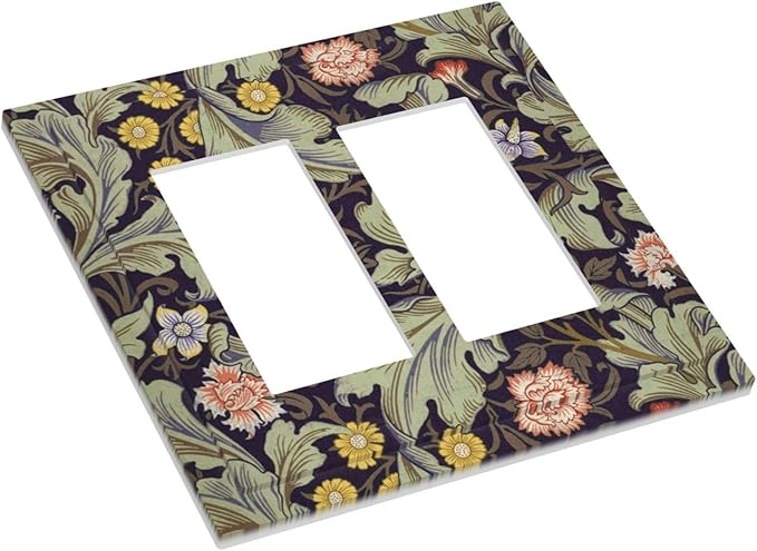 Boho William Morris Floral Green Leaves Flower Decorative Outlet Covers 2 Gang Double GFCI Rocker Electrical Wall Panels Light Switch Cover Plate for Farmhouse Home Decor