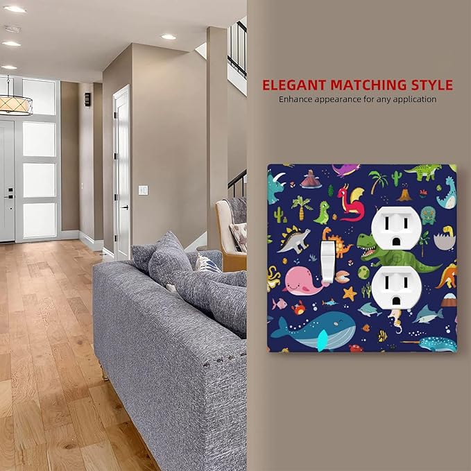 Cartoon Funny Cool Fun Navy Blue Dinosaur 2-Gang 1-Toggle 1-Duplex Device Combination Wallplate Ocean Whale Seahorse Animal One Toggle Switch and One Duplex Receptacle Outlet Combo Light Switch Cover