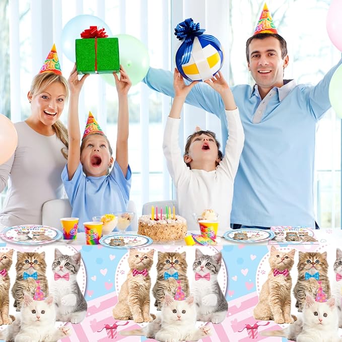 Ryzovo Cat Birthday Party Supplies,62pcs Cat Party Decorations&Tableware Set-Kitten Birthday Party Decorations Dinner Plates Dessert Plates Napkins Tablecloth etc Cat Themed Birthday Party Supplies