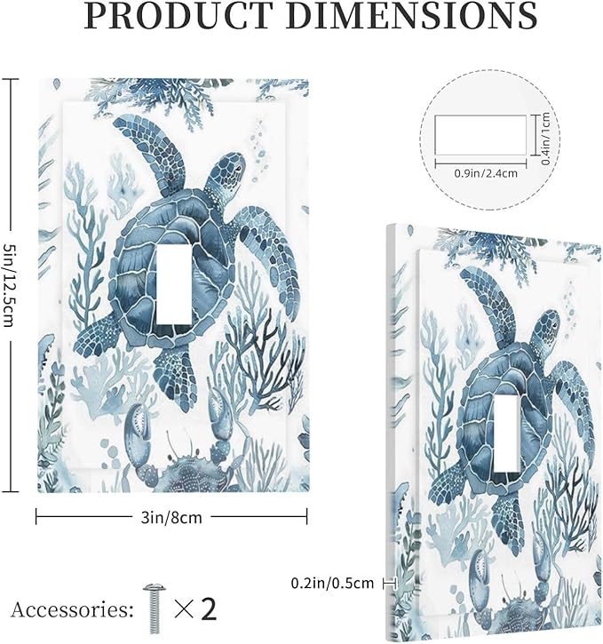 Blue Sea Turtle Coastal Coral Beach Crab Seaweed Decorative Light Switch Cover 1 Gang Single Toggle Device Electrical Faceplate Switchplates Decorator Outlet Wall Plate for Kids Room Bathroom Decor