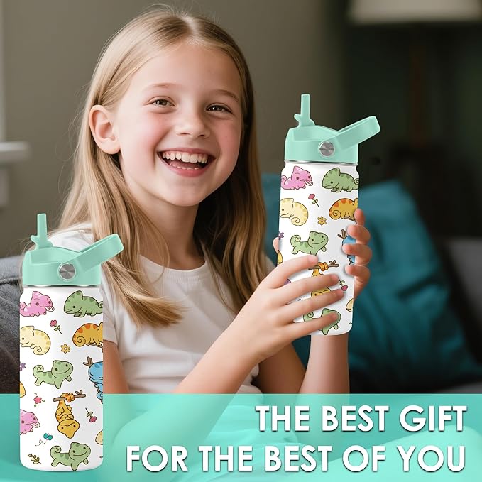 Axolotl Gifts for Girls - 16oz Green Axolotl Water Bottle with Straw Lid, Stainless Steel Insulated Tumbler, Leak Proof, for Boys, Sport, Travel, School - Animal Lovers Children Birthday Gift Cup(1pc)