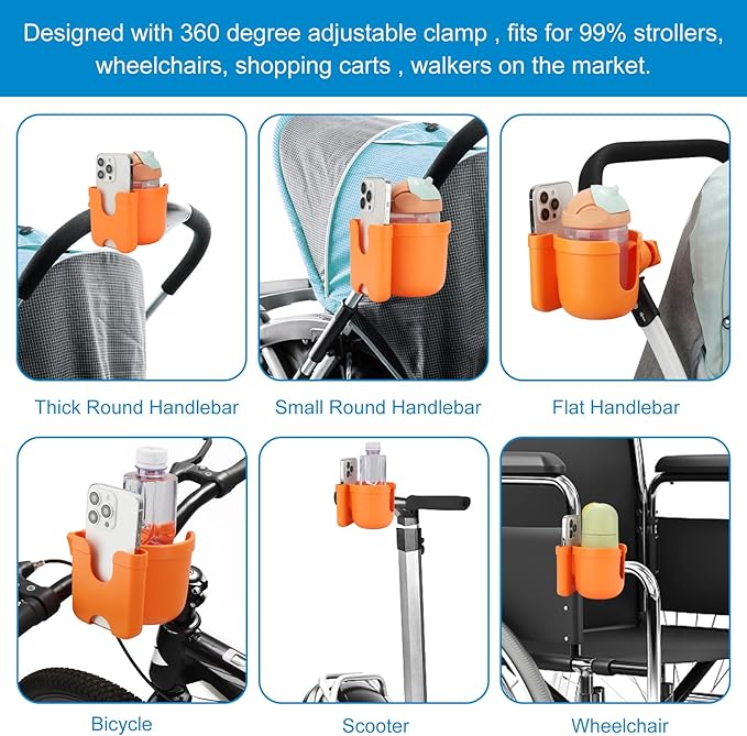 Accmor Stroller Cup Holder with Phone Holder, Bike Cup Holder, Universal Cup Holder for Uppababy Nuna Doona Strollers, 2-in-1 Cup Phone Holder for Stroller Bike Accessory