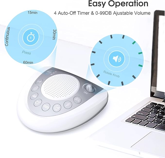 White Noise Machine, Portable Sleep Sound Machine with 24 Soothing Sounds, Timer & Memory Function, Headphone Jack, USB Charging, Powered by AC or Battery for Baby, Kids, Adults, Travel