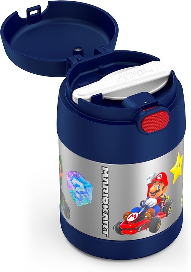 THERMOS FUNTAINER Insulated Food Jar, 10 Ounce, Kid Friendly Food Jar with Foldable Spoon, Mario Kart