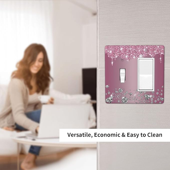 Sparkling Diamonds Pink Silver Glitter Drops Print 2 Gang Single Toggle Rocker Combination Light Switch Cover Unique Decorative Wall Plate Cover Electrical Faceplate Switchplate for Bathroom Decor