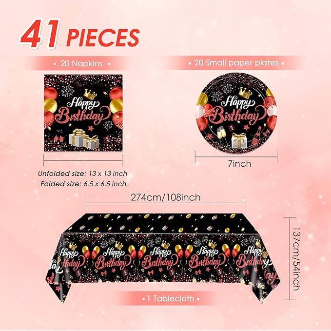 Red and Black Birthday Decorations,Disposable Party Tableware Supplies Set,Include Red Paper Plates Napkin Tablecloth,Suitable for Birthday Decoration for Men,Women,Boys and Girls,Serves 20